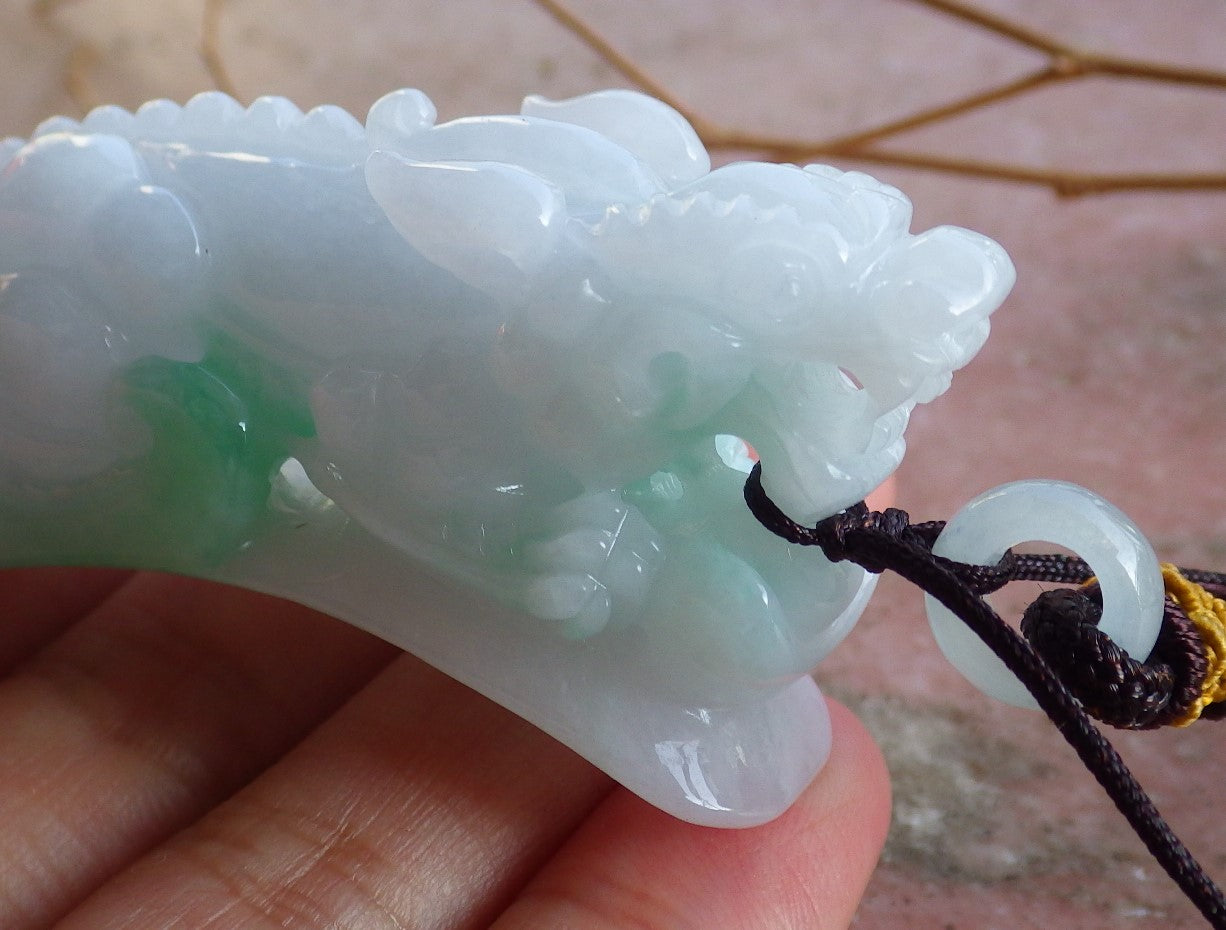 Certified Hand Carved Green Natural Myanmar Burma A Jade Jadeite Dragon Pi Xiu Ruyi Yuan bao Pendant Necklace