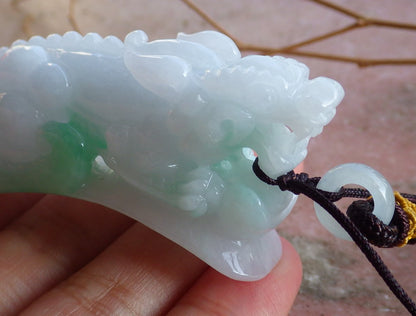 Certified Hand Carved Green Natural Myanmar Burma A Jade Jadeite Dragon Pi Xiu Ruyi Yuan bao Pendant Necklace