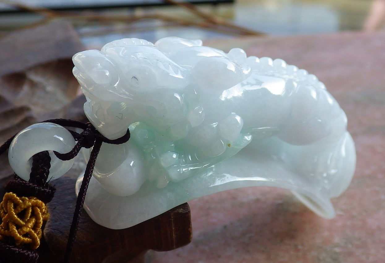 Certified Hand Carved Green Natural Myanmar Burma A Jade Jadeite Dragon Pi Xiu Ruyi Yuan bao Pendant Necklace