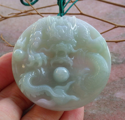 Certified Hand Carved Green Natural Myanmar Burma A Jade Jadeite Dragon Spit Bead Pendant Necklace