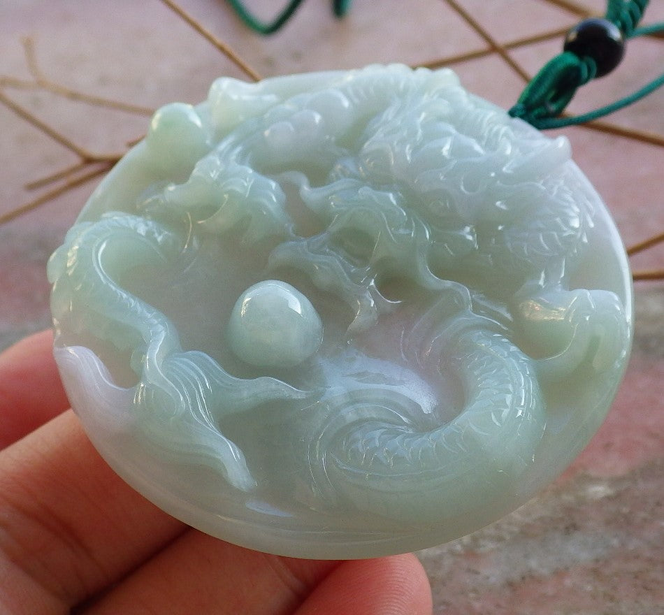 Certified Hand Carved Green Natural Myanmar Burma A Jade Jadeite Dragon Spit Bead Pendant Necklace