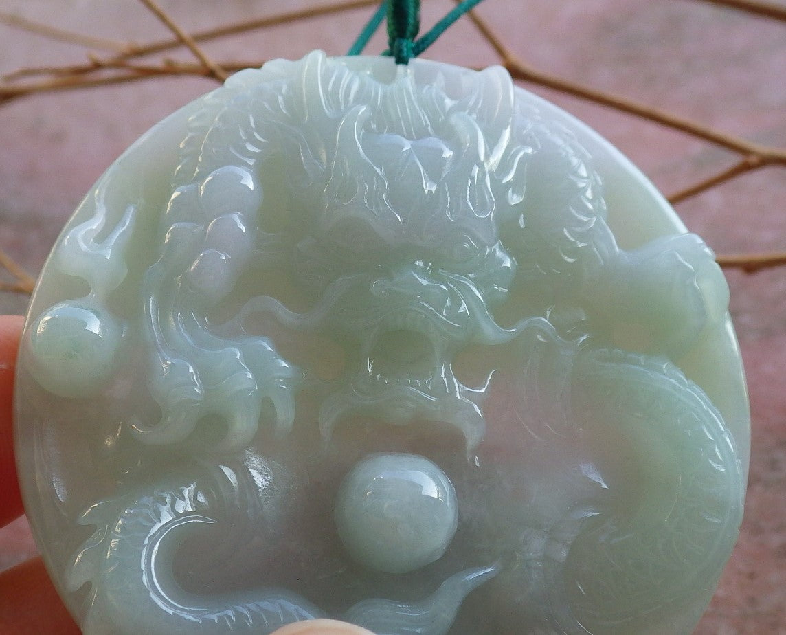 Certified Hand Carved Green Natural Myanmar Burma A Jade Jadeite Dragon Spit Bead Pendant Necklace