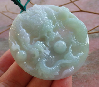 Certified Hand Carved Green Natural Myanmar Burma A Jade Jadeite Dragon Spit Bead Pendant Necklace