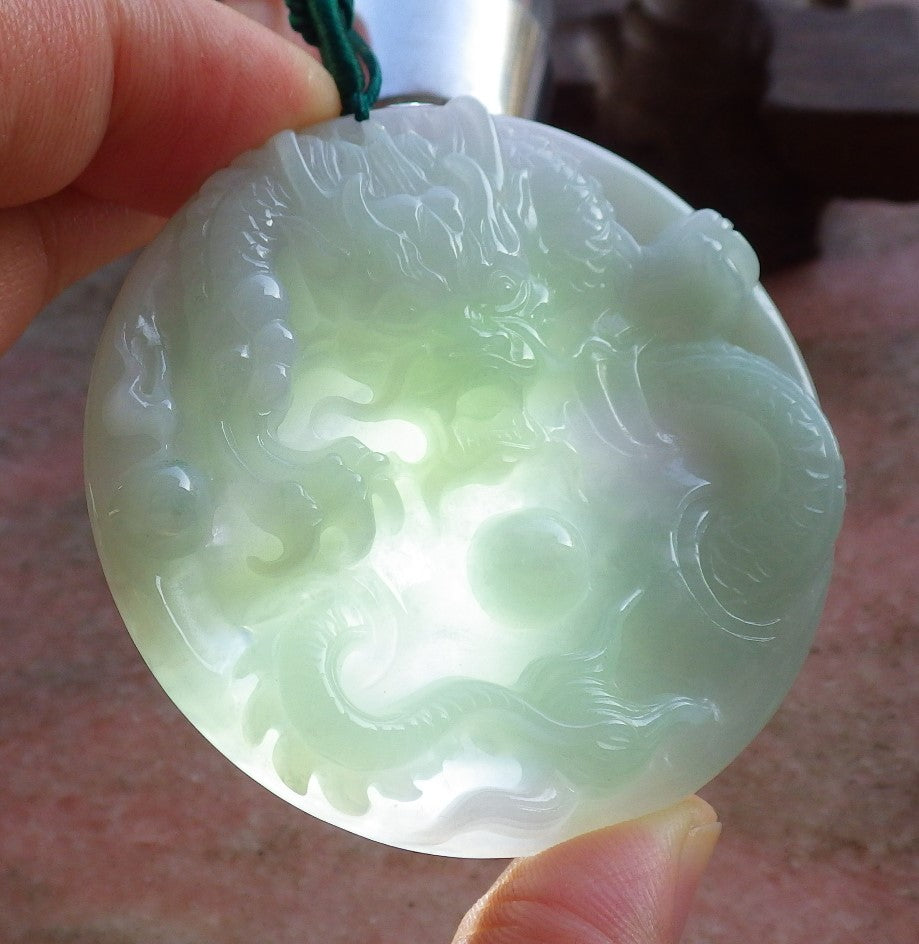 Certified Hand Carved Green Natural Myanmar Burma A Jade Jadeite Dragon Spit Bead Pendant Necklace