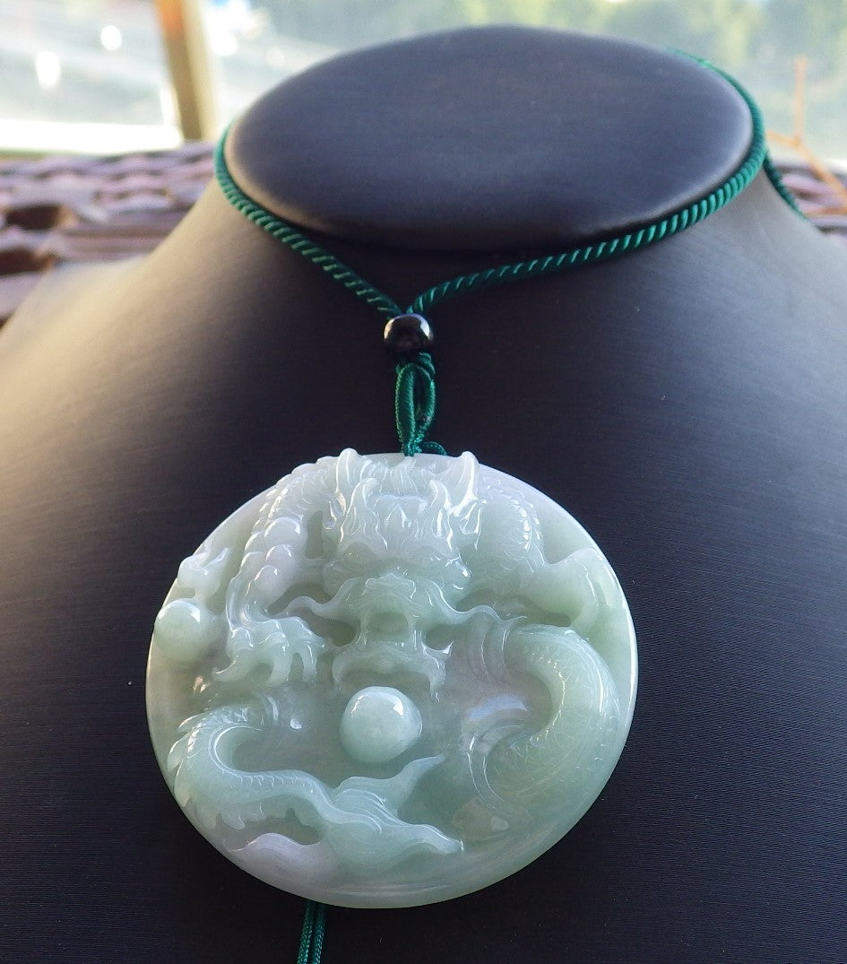 Certified Hand Carved Green Natural Myanmar Burma A Jade Jadeite Dragon Spit Bead Pendant Necklace