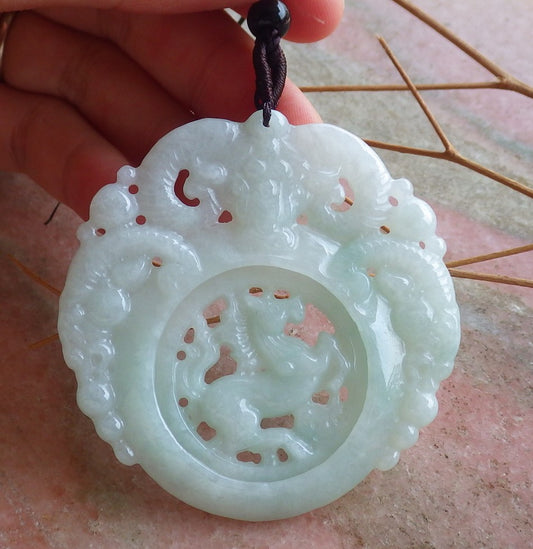 Certified Hand Carved Green Natural Myanmar Burma A Jade Jadeite Horse Pin an Circle Lucky Amulet Pendant Necklace