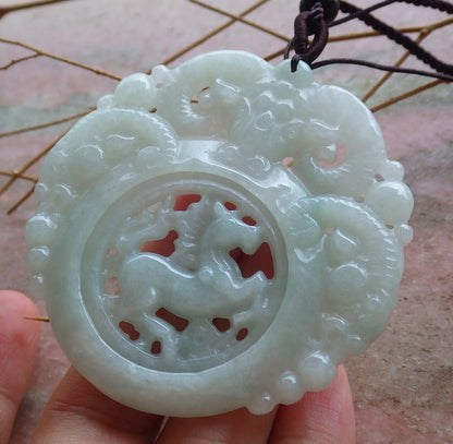 Certified Hand Carved Green Natural Myanmar Burma A Jade Jadeite Horse Pin an Circle Lucky Amulet Pendant Necklace