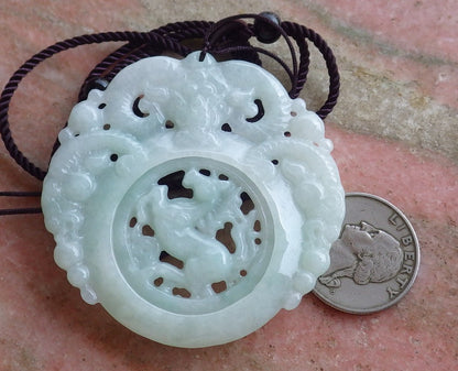 Certified Hand Carved Green Natural Myanmar Burma A Jade Jadeite Horse Pin an Circle Lucky Amulet Pendant Necklace