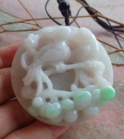 Certified Hand Carved Green Natural Myanmar Burma A Jade Jadeite Phoenix Lotus Flower Circle Pendant Necklace