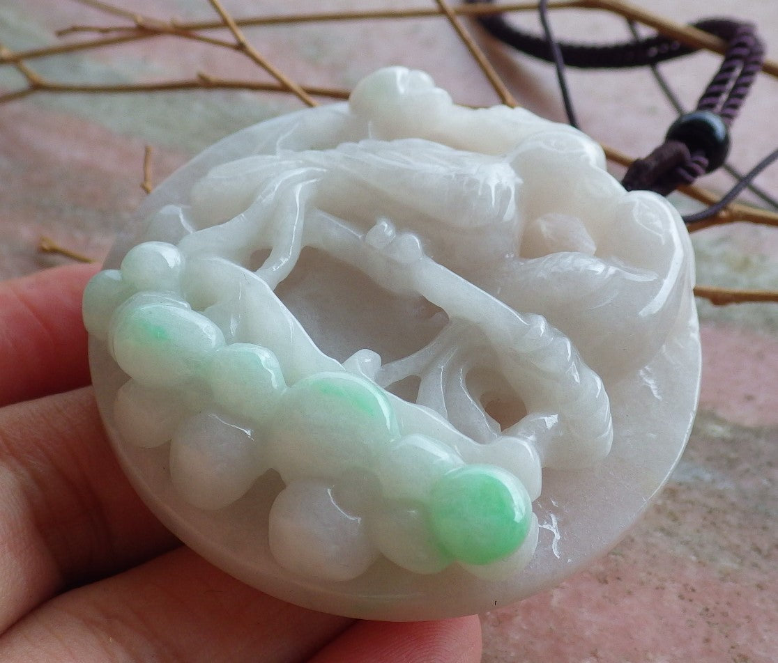 Certified Hand Carved Green Natural Myanmar Burma A Jade Jadeite Phoenix Lotus Flower Circle Pendant Necklace