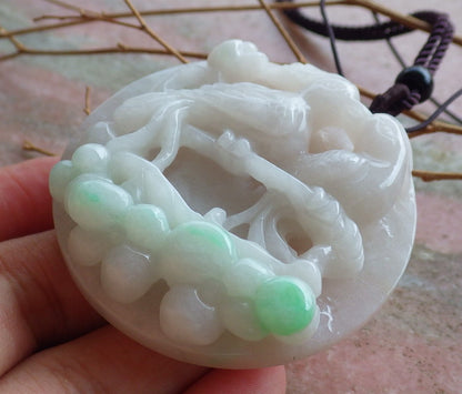 Certified Hand Carved Green Natural Myanmar Burma A Jade Jadeite Phoenix Lotus Flower Circle Pendant Necklace