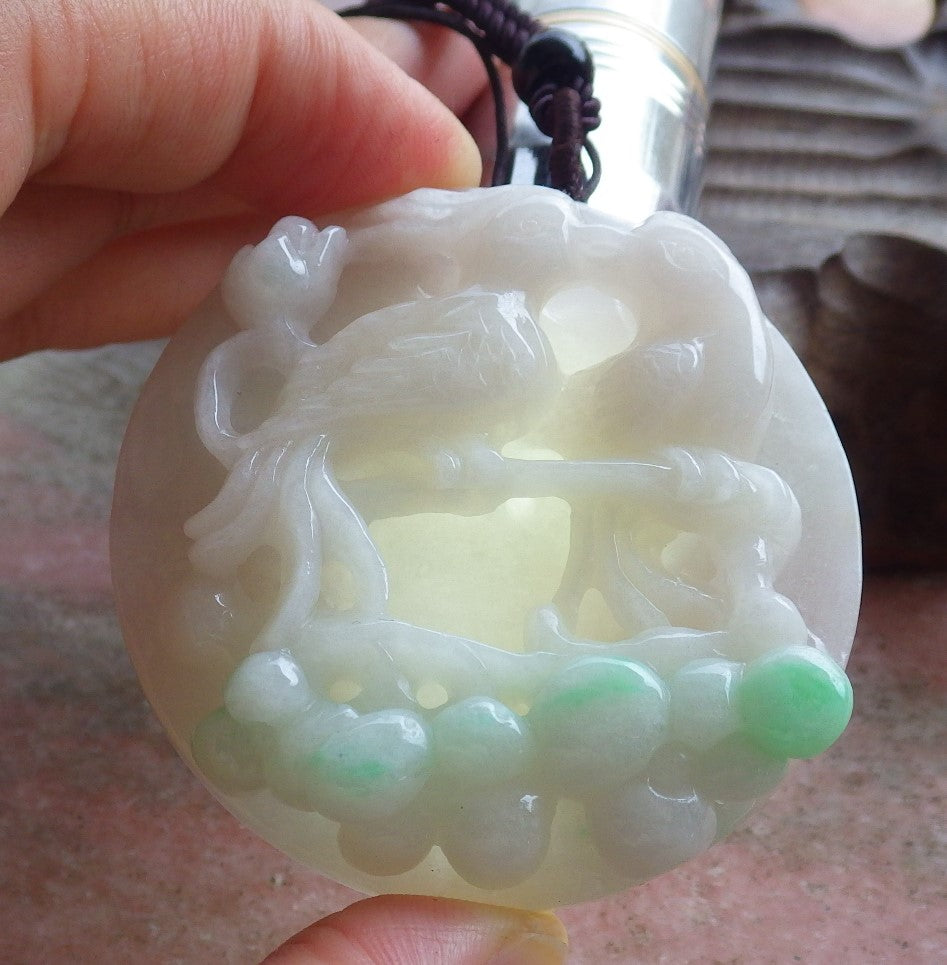 Certified Hand Carved Green Natural Myanmar Burma A Jade Jadeite Phoenix Lotus Flower Circle Pendant Necklace