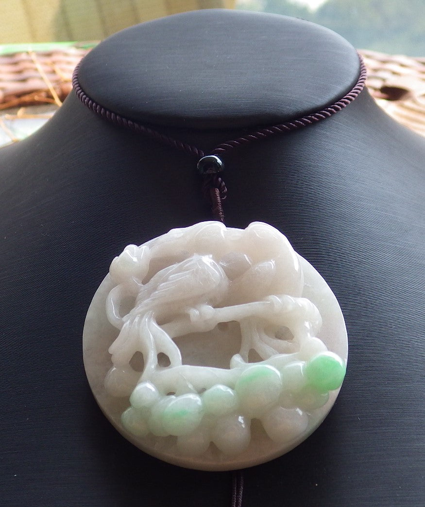 Certified Hand Carved Green Natural Myanmar Burma A Jade Jadeite Phoenix Lotus Flower Circle Pendant Necklace