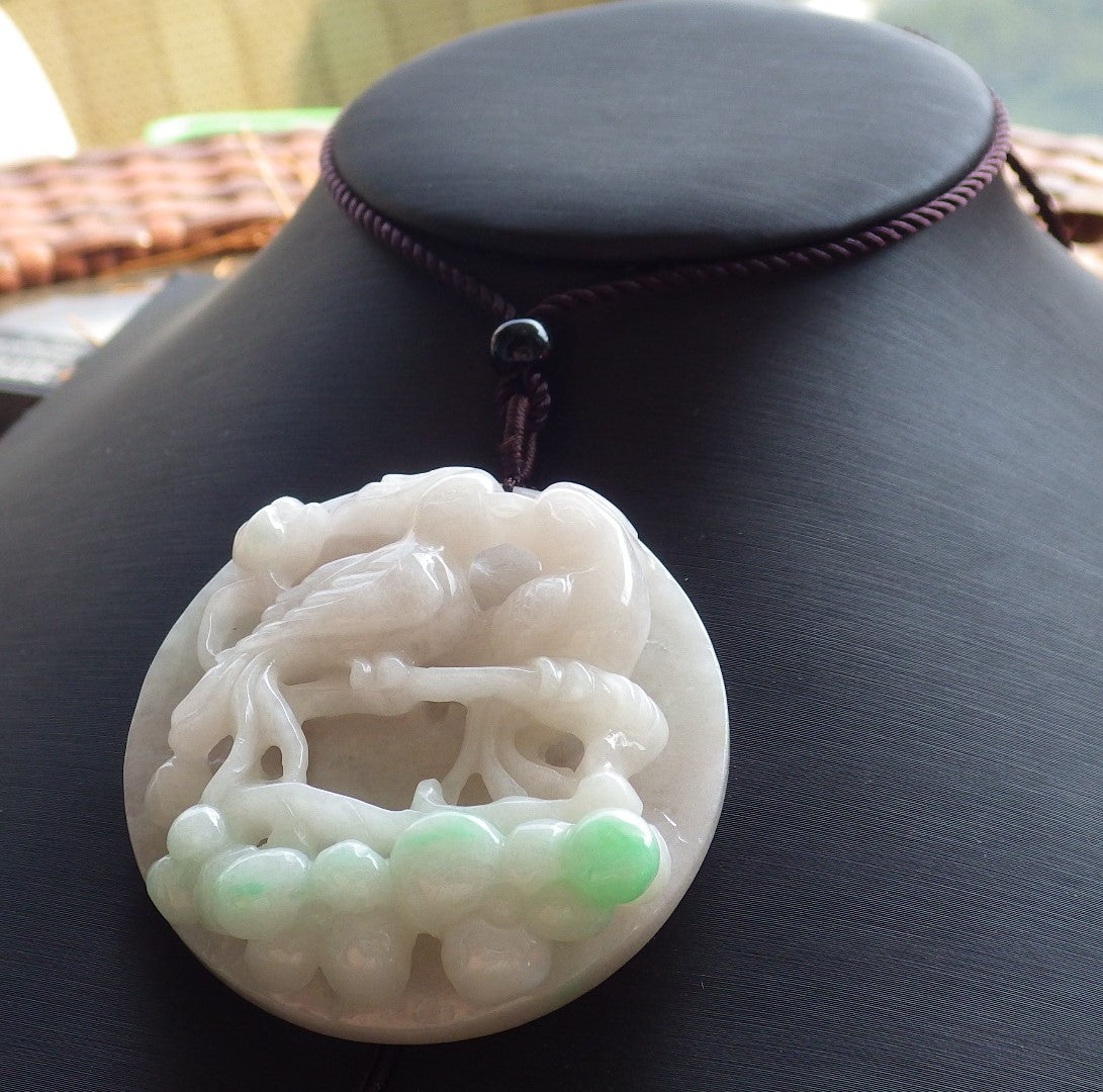 Certified Hand Carved Green Natural Myanmar Burma A Jade Jadeite Phoenix Lotus Flower Circle Pendant Necklace