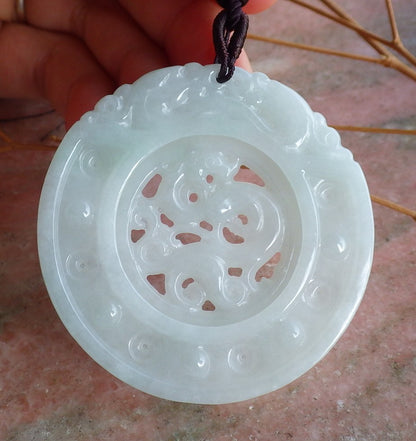 Certified Hand Carved Green Natural Burma A Jade Jadeite Dragon Pin an Circle Lucky Amulet Pendant Necklace