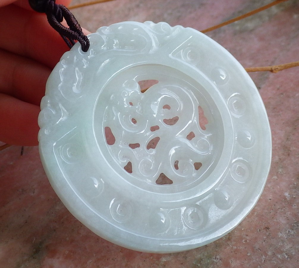 Certified Hand Carved Green Natural Burma A Jade Jadeite Dragon Pin an Circle Lucky Amulet Pendant Necklace