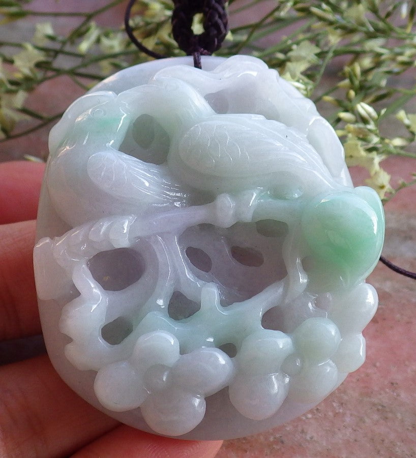 Certified Hand Carved Green Natural Myanmar Burma A Jade Jadeite Phoenix Mandarin Duck Ruyi Peach Blossom Flower Pendant Necklace