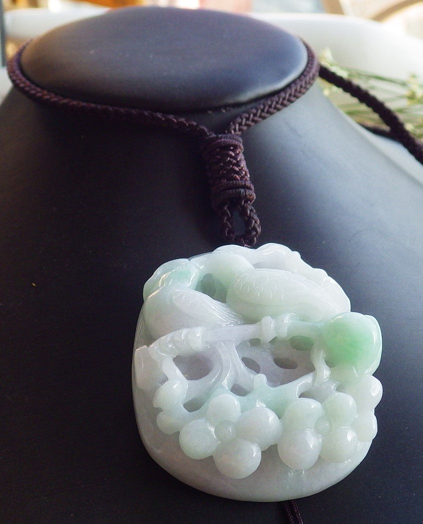 Certified Hand Carved Green Natural Myanmar Burma A Jade Jadeite Phoenix Mandarin Duck Ruyi Peach Blossom Flower Pendant Necklace