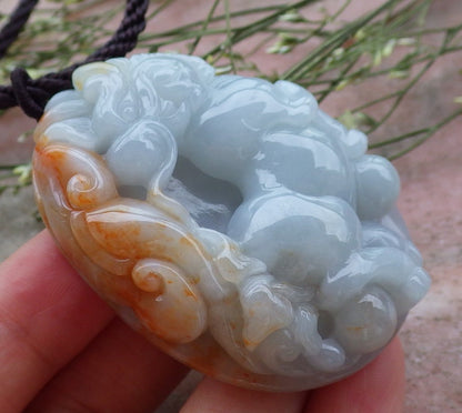 Certified Hand Carved Yellow Green Natural Myanmar Burma A Jade Jadeite Dragon Horse Ruyi Pendant Necklace