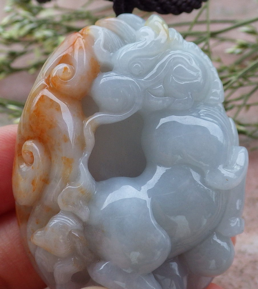 Certified Hand Carved Yellow Green Natural Myanmar Burma A Jade Jadeite Dragon Horse Ruyi Pendant Necklace