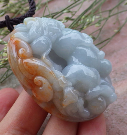 Certified Hand Carved Yellow Green Natural Myanmar Burma A Jade Jadeite Dragon Horse Ruyi Pendant Necklace