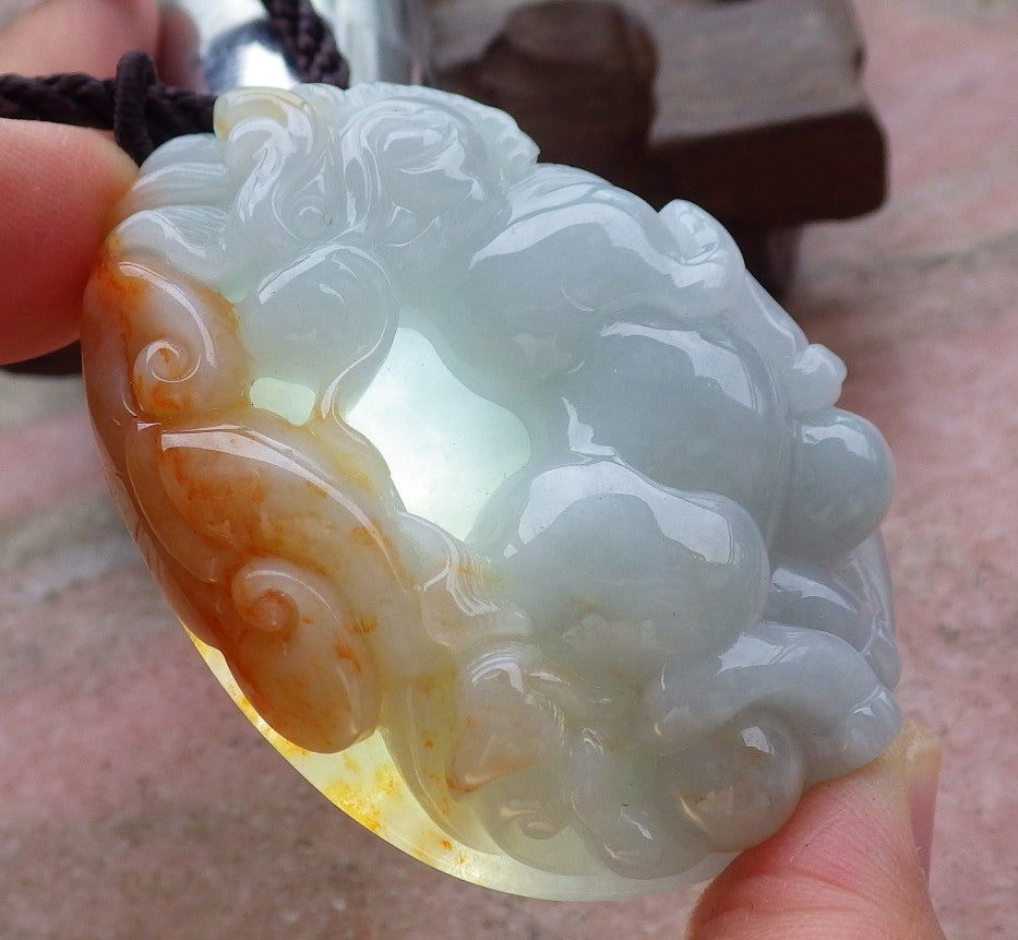 Certified Hand Carved Yellow Green Natural Myanmar Burma A Jade Jadeite Dragon Horse Ruyi Pendant Necklace