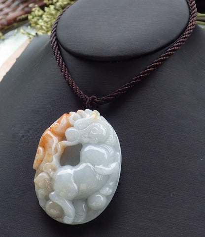 Certified Hand Carved Yellow Green Natural Myanmar Burma A Jade Jadeite Dragon Horse Ruyi Pendant Necklace