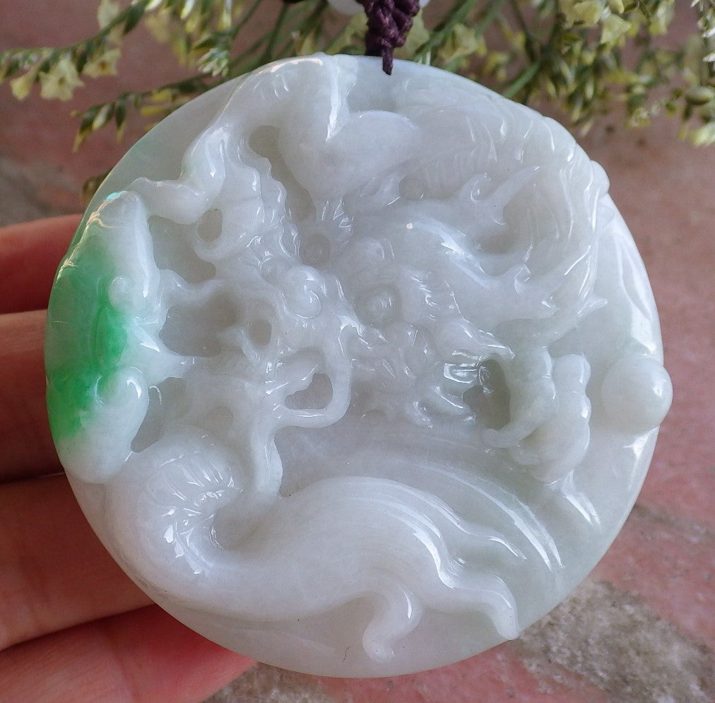 Certified Hand Carved Green Natural Myanmar Burma A Jade Jadeite Dragon Ruyi Pendant Necklace