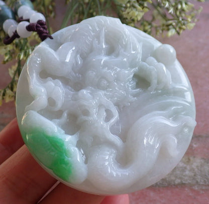 Certified Hand Carved Green Natural Myanmar Burma A Jade Jadeite Dragon Ruyi Pendant Necklace