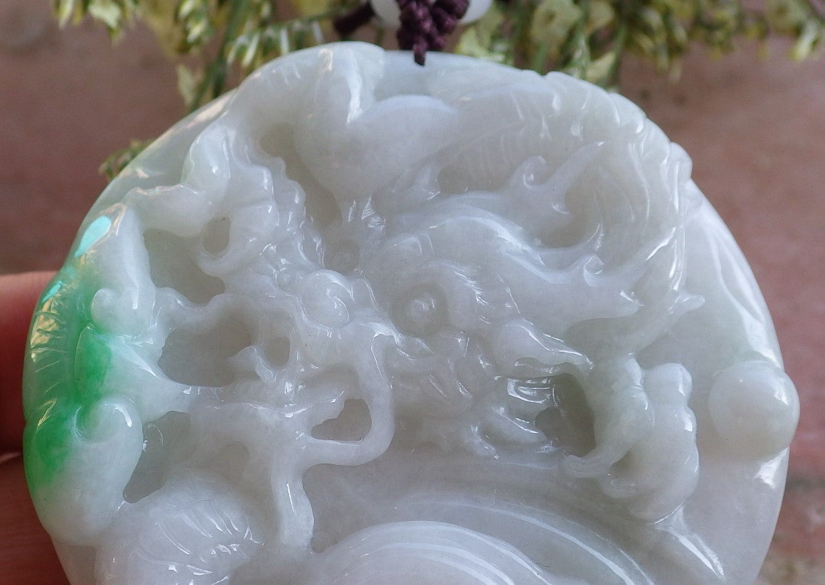 Certified Hand Carved Green Natural Myanmar Burma A Jade Jadeite Dragon Ruyi Pendant Necklace