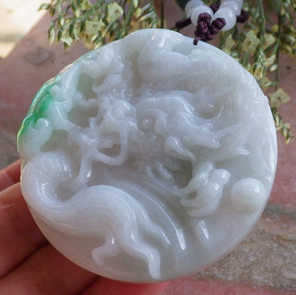 Certified Hand Carved Green Natural Myanmar Burma A Jade Jadeite Dragon Ruyi Pendant Necklace