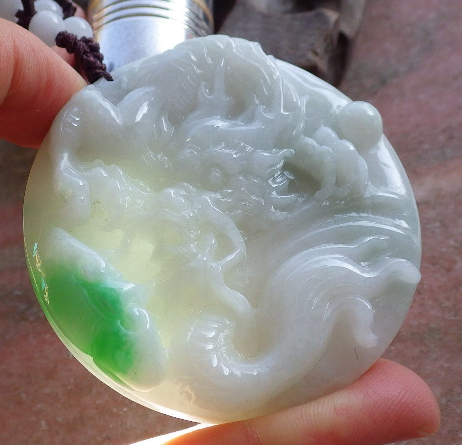 Certified Hand Carved Green Natural Myanmar Burma A Jade Jadeite Dragon Ruyi Pendant Necklace