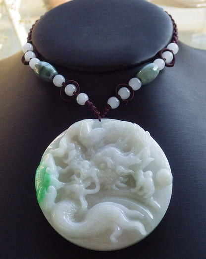 Certified Hand Carved Green Natural Myanmar Burma A Jade Jadeite Dragon Ruyi Pendant Necklace