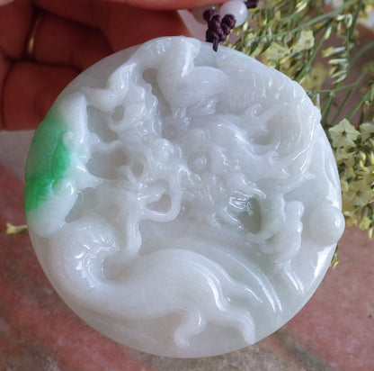 Certified Hand Carved Green Natural Myanmar Burma A Jade Jadeite Dragon Ruyi Pendant Necklace