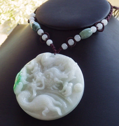 Certified Hand Carved Green Natural Myanmar Burma A Jade Jadeite Dragon Ruyi Pendant Necklace