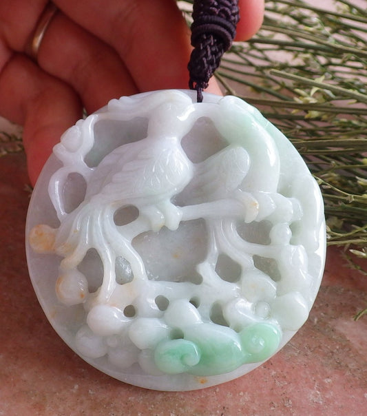 Certified Hand Carved Natural Myanmar Burma A Jade Jadeite Phoenix Mandarin Duck Ruyi Lotus Flower Pendant Necklace