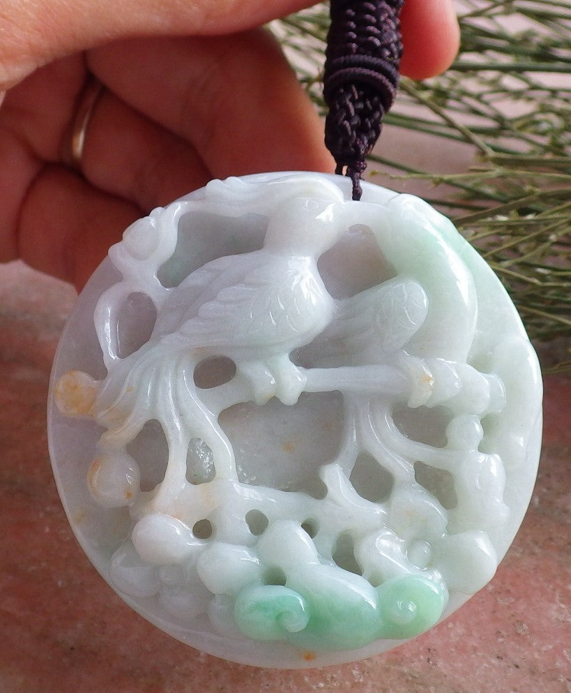 Certified Hand Carved Natural Myanmar Burma A Jade Jadeite Phoenix Mandarin Duck Ruyi Lotus Flower Pendant Necklace