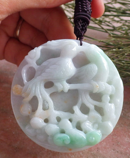 Certified Hand Carved Natural Myanmar Burma A Jade Jadeite Phoenix Mandarin Duck Ruyi Lotus Flower Pendant Necklace