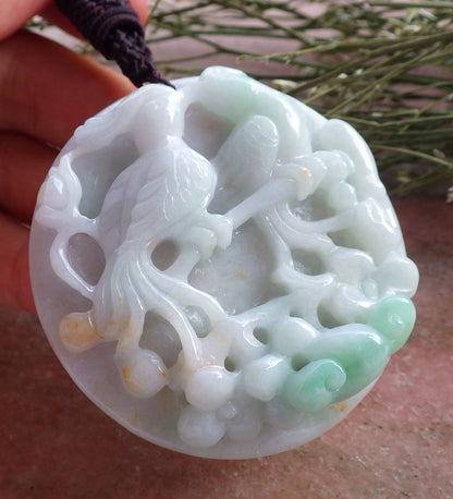 Certified Hand Carved Natural Myanmar Burma A Jade Jadeite Phoenix Mandarin Duck Ruyi Lotus Flower Pendant Necklace