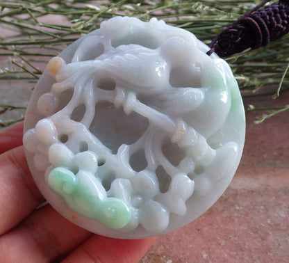 Certified Hand Carved Natural Myanmar Burma A Jade Jadeite Phoenix Mandarin Duck Ruyi Lotus Flower Pendant Necklace