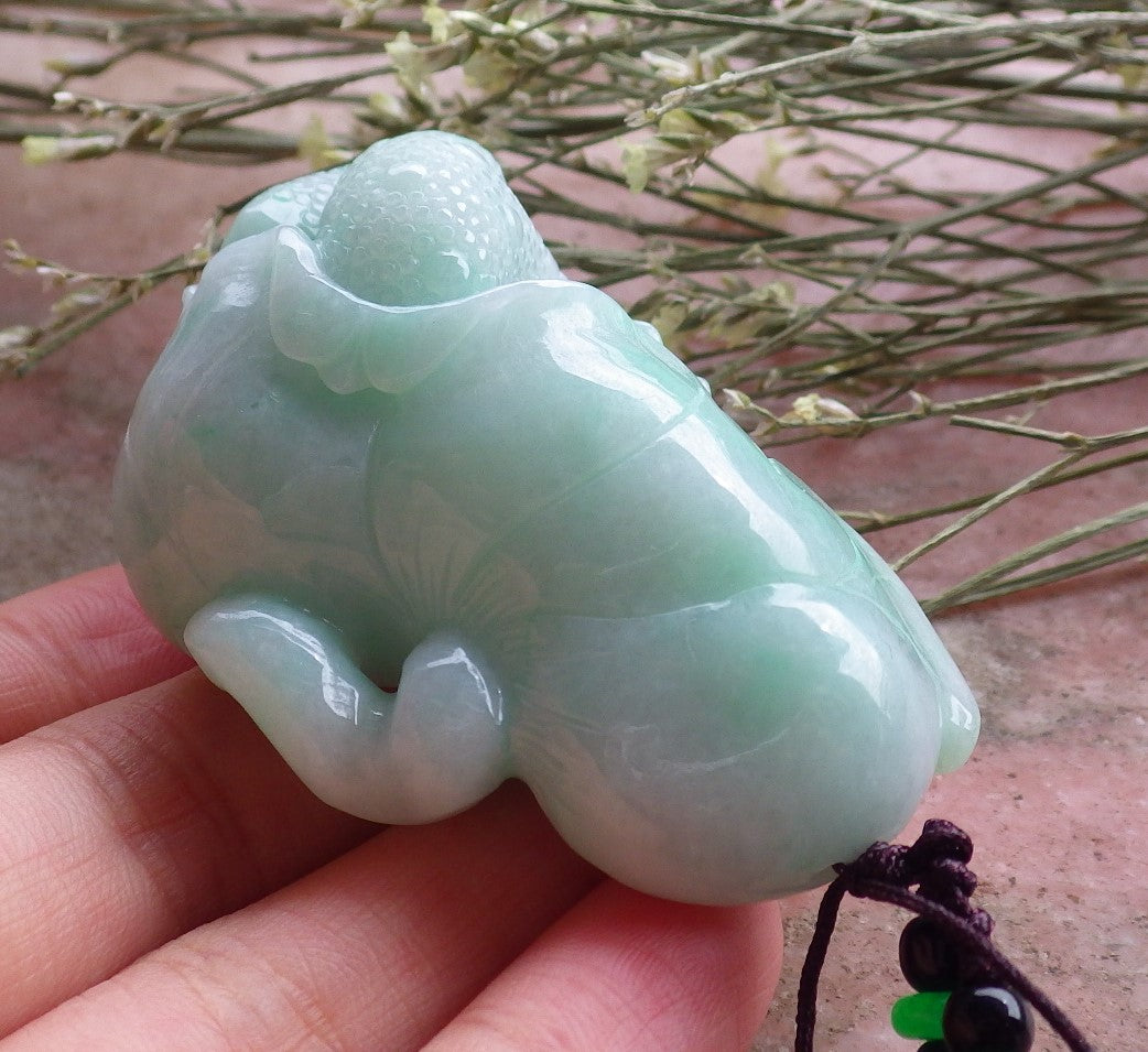 Certified Hand Carved Green Natural Myanmar Burma A Jade Jadeite Frog Toad Lotus Flower Pendant Necklace