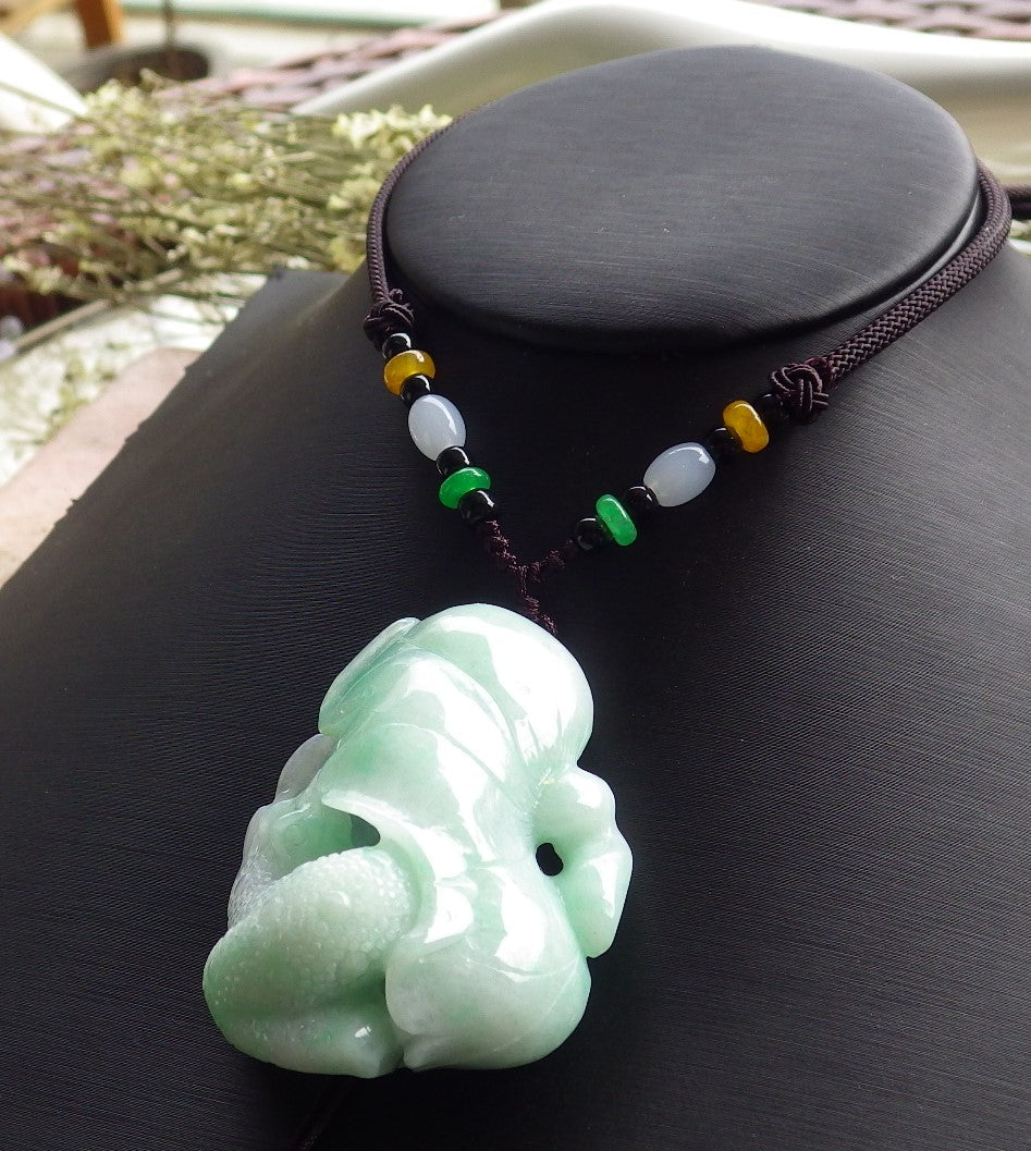 Certified Hand Carved Green Natural Myanmar Burma A Jade Jadeite Frog Toad Lotus Flower Pendant Necklace