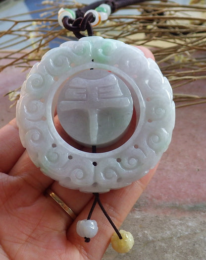 Certified Hand Carved Green Natural Myanmar Burma A Jade Jadeite Dragon Flower Pin an Circle Pendant Necklace