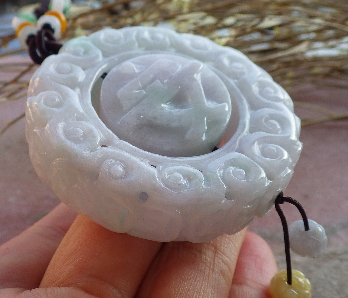 Certified Hand Carved Green Natural Myanmar Burma A Jade Jadeite Dragon Flower Pin an Circle Pendant Necklace