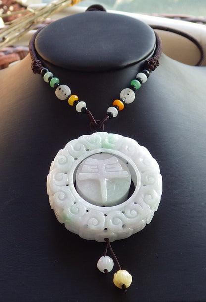 Certified Hand Carved Green Natural Myanmar Burma A Jade Jadeite Dragon Flower Pin an Circle Pendant Necklace