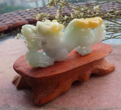 Certified Hand Carved Yellow Green 100% Natural Myanmar Burma A Jade Jadeite Display Dragon Ruyi with wood stand