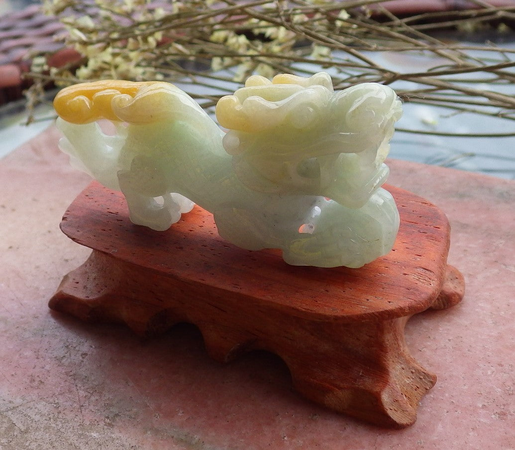 Certified Hand Carved Yellow Green 100% Natural Myanmar Burma A Jade Jadeite Display Dragon Ruyi with wood stand