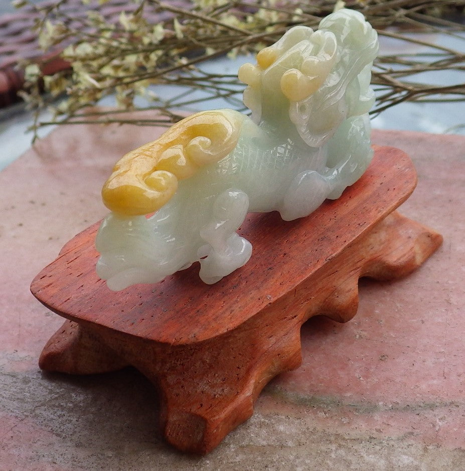 Certified Hand Carved Yellow Green 100% Natural Myanmar Burma A Jade Jadeite Display Dragon Ruyi with wood stand