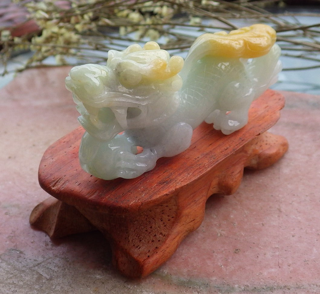 Certified Hand Carved Yellow Green 100% Natural Myanmar Burma A Jade Jadeite Display Dragon Ruyi with wood stand