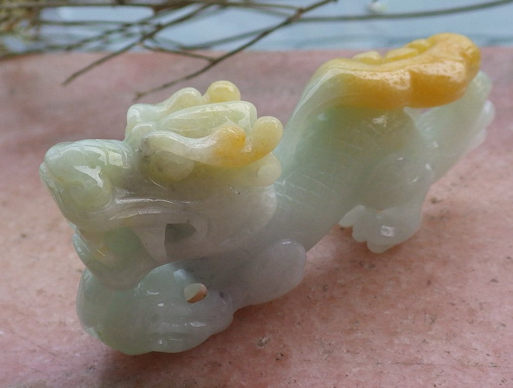 Certified Hand Carved Yellow Green 100% Natural Myanmar Burma A Jade Jadeite Display Dragon Ruyi with wood stand